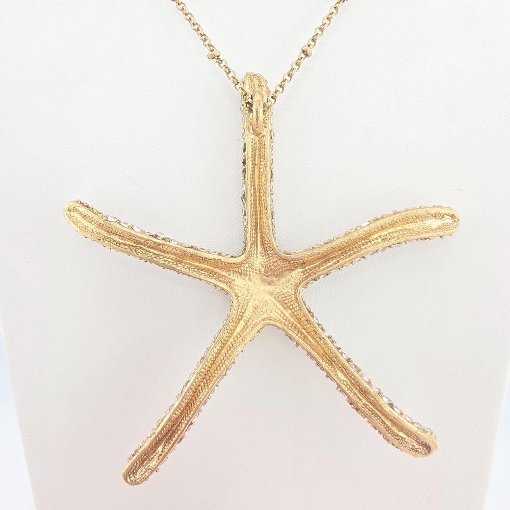 Vtg JOAN BOYCE 'Crystal Starfish' Necklace Pave SWAROVSKI Gold Plate Long 40" - Picture 3 of 9